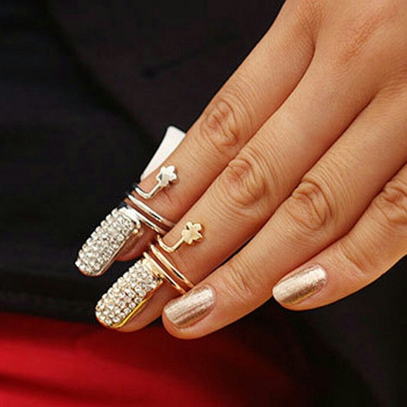 2pcs Rhinestone Nail Rings Gold & Silver Tone - Picture 2 of 2