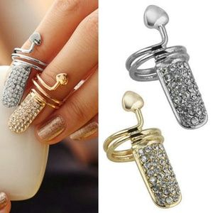 2pcs Rhinestone Nail Rings Gold & Silver Tone