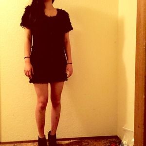 Furry Zip Up Mini Dress - Black