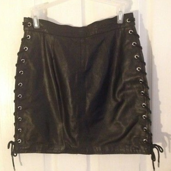 LFU Black leather miniskirt silver rivets lace up