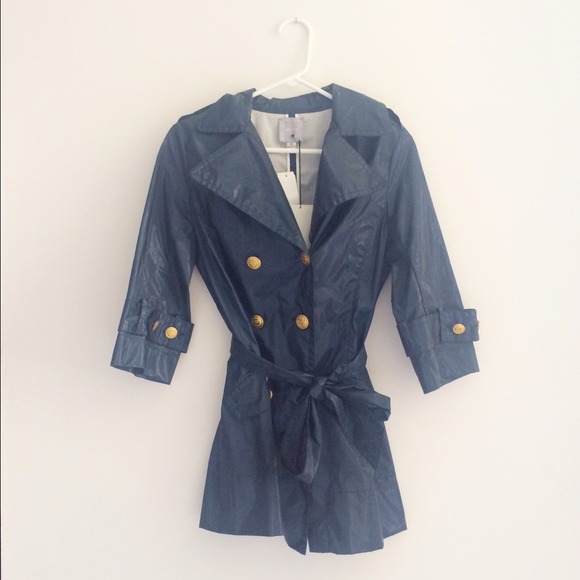 Aryn K Navy Blue Trench Coat with Gold Buttons