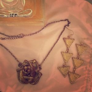 Forever 21 Rose Necklace and Dangling Earrings