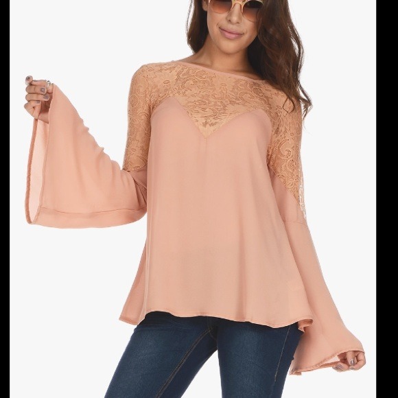 Crochet lace inset bell sleeve blouse top