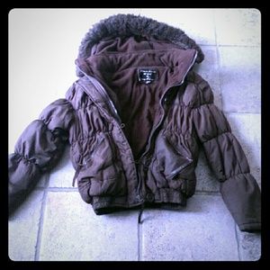 Brown puffy insulated, hooded coat
