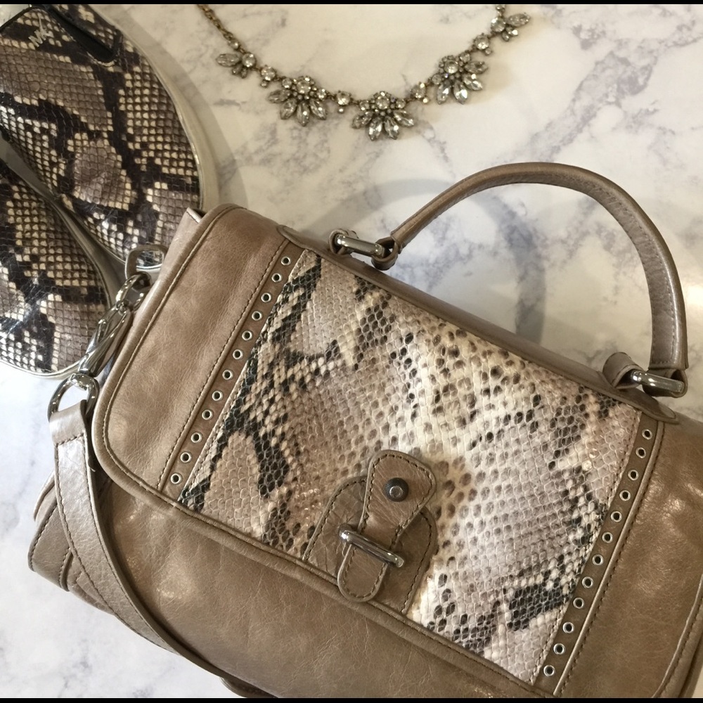 Rebecca Minkoff taupe and python print crossbody