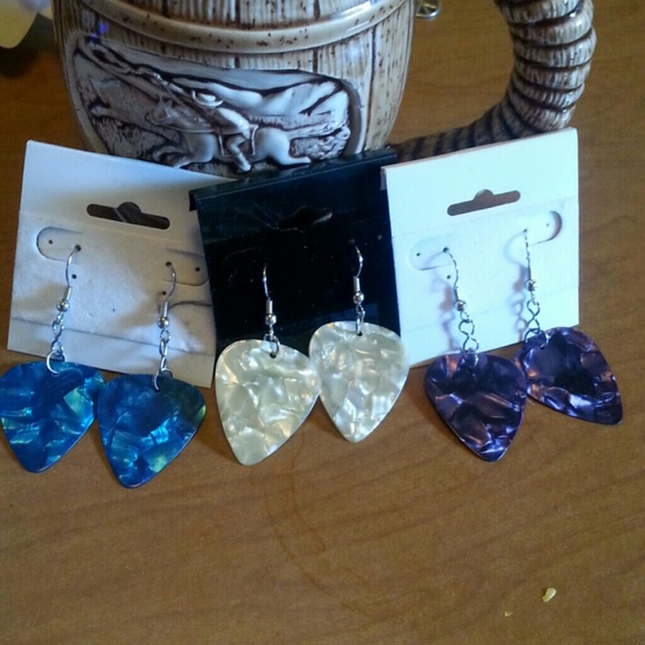 White blue purple Marvel guitar pick earrings