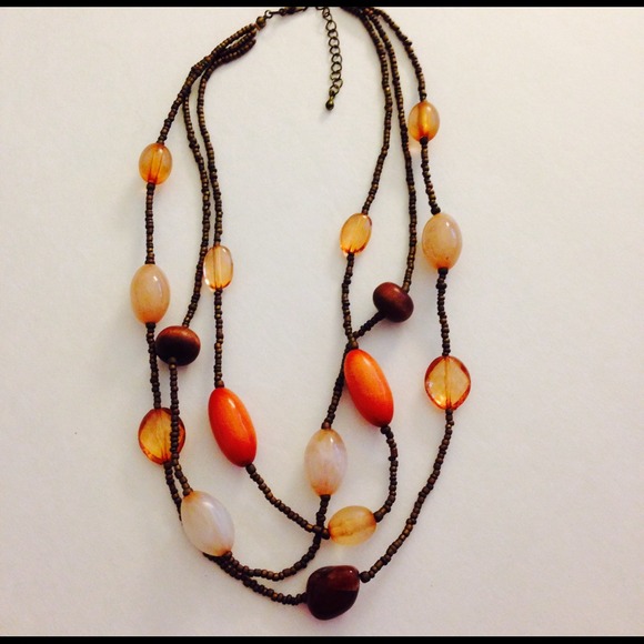 Orange brown and gold beaded necklace
