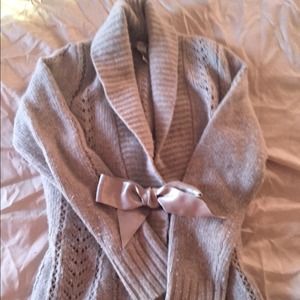 Soft gray cardigan sweater medium satin ribbon tie