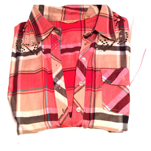GUESS Top, Sleeveless Plaid Studded Rhinestone