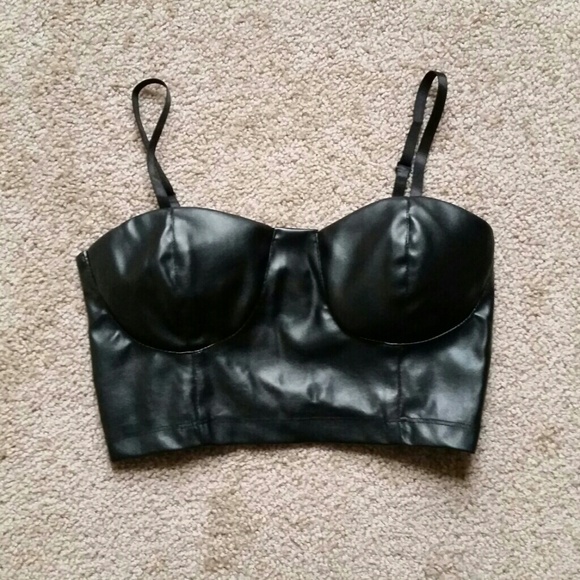 Black faux leather spaghetti strap crop top NWOT