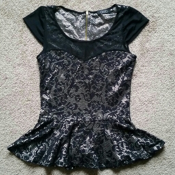 Black Silver metallic mesh lace peplum New Years