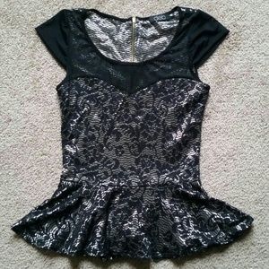 Black Silver metallic mesh lace peplum New Years