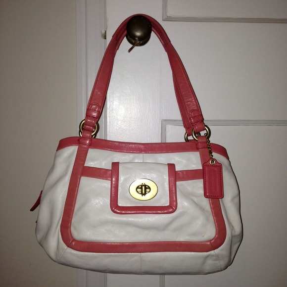 White and pink leather coach purse