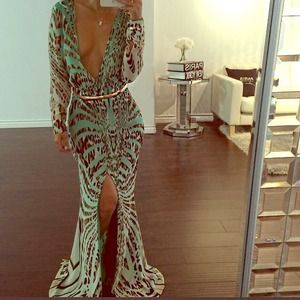 Green leopard print dress with gold belt