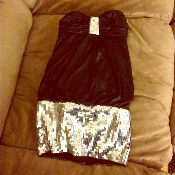 Strappless black BEBE dress with silver sequins!