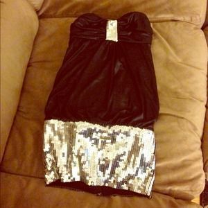 Strappless black BEBE dress with silver sequins!