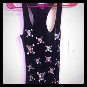Black tank top with silver sequenced skulls