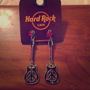 Hard Rock Cafe Black and Red Peace Guitar Earrings