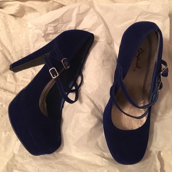 Electic Blue Suede Mary Jane Double Strap Heel s6
