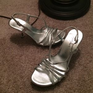 Silver clear strappy faux diamond heels