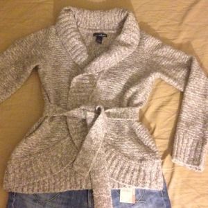 Taupe and cream cardigan sweater