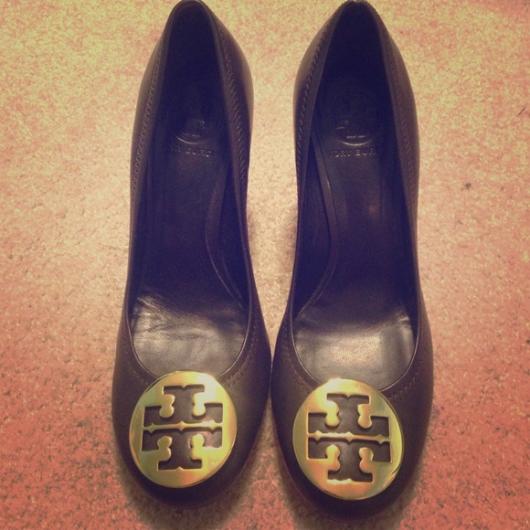 Dark brown leather gold symbol wedge shoe