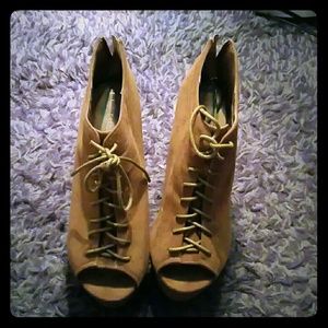 Tan Peep Toe Lace up Wedges