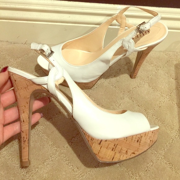 Guess Peeptoe White Heels with Cork Bottoms - Picture 1 of 3