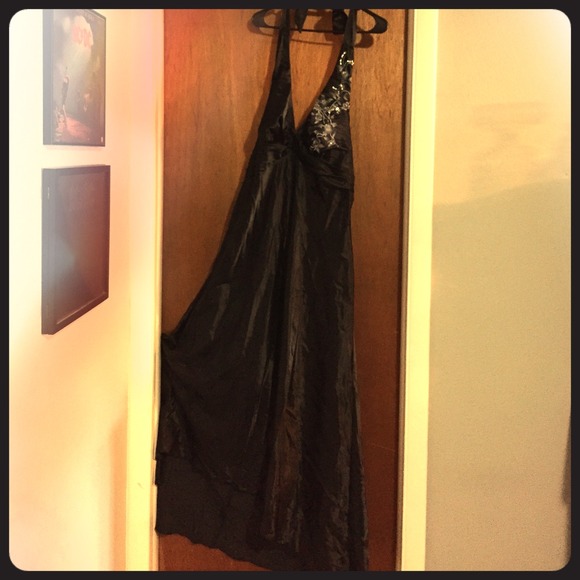 Black Satin Halter Evening Dress