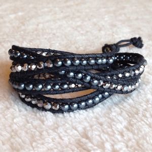 Dark Grey Beaded Metallic Wrap Bracelet