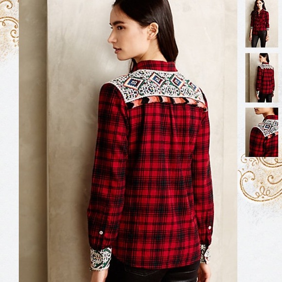 🌺 FOUND 🌺 Anthropologie plaid embroidered flannel top