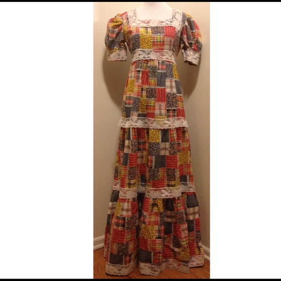 Rare Vintage 1960s Handmade Faux Patchwork Maxi