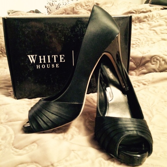 NWT Black satin WHBM peep toe pumps