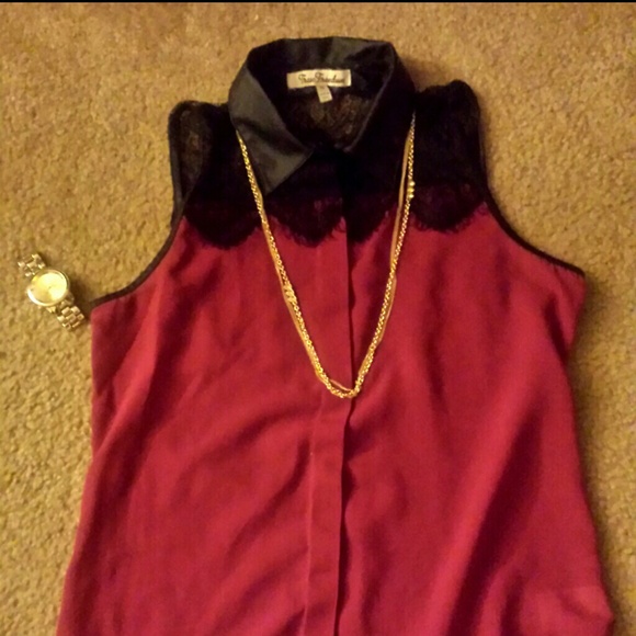 Burgandy shirt with leather collar and black lace