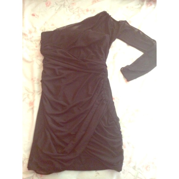 Black strapless dress w a sheer arm sleeve