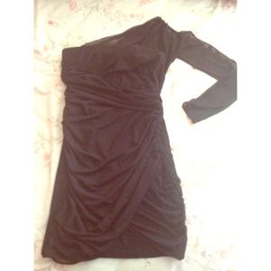 Black strapless dress w a sheer arm sleeve