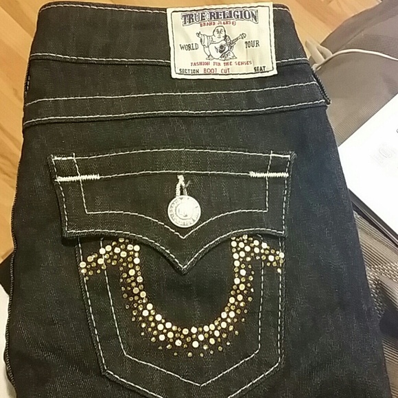 True Religion Dark Blue Jeans w/ Gild Rhinestones