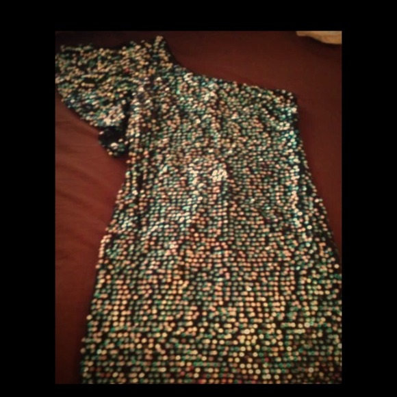 Teal and Silver sequined cocktail dress.