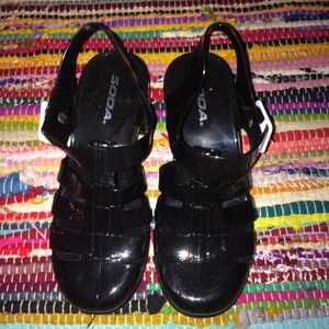 black jelly heeled sandals