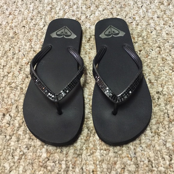 Black Sparkle Roxy Flip Flops