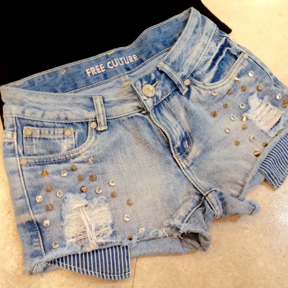 Distressed Denim Shorts with Bling & Studs-Cute!