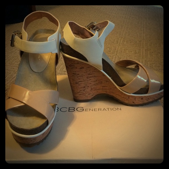 BCBGeneration tan and white wedge sandals