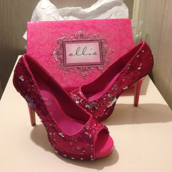 Pink Silver Sequined Peep Toe Pumps