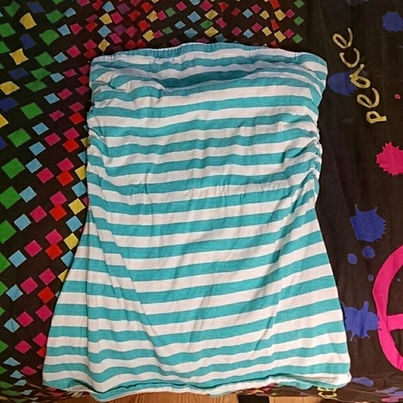 Strapless teal n white striped shirt
