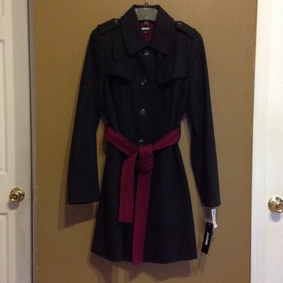 DKNY  black peacoat with maroon belt NWT