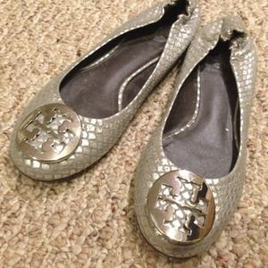 Silver snakeskin patterned REAL tory burch flats