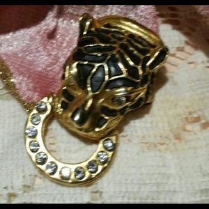 Tiger Brooch Black & Goldtone Rhinestone Eyes 2"drop