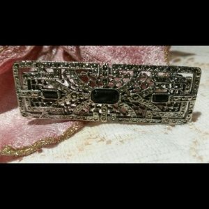 VINTAGE, MARCASITE & ONXY BROOCH 2-3/4" L