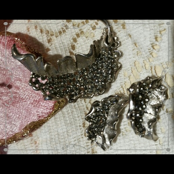 Vintage Rhinestone Leaf Set, 2"L. Brooch- 1-1/4" Earrings