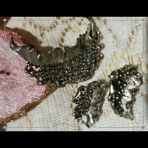 Vintage Rhinestone Leaf Set, 2"L. Brooch- 1-1/4" Earrings